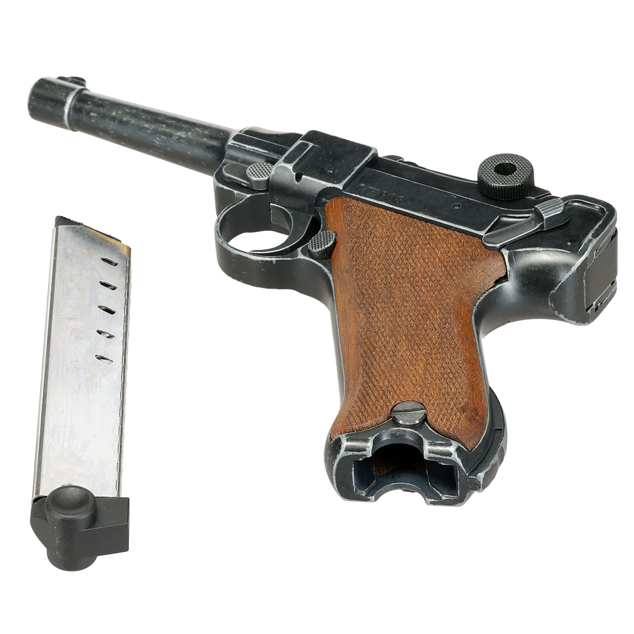 ME Modell P08 Parabellum Vollmetall Dekopistole WWII antik-look mit Holzgriffschalen Bild 6