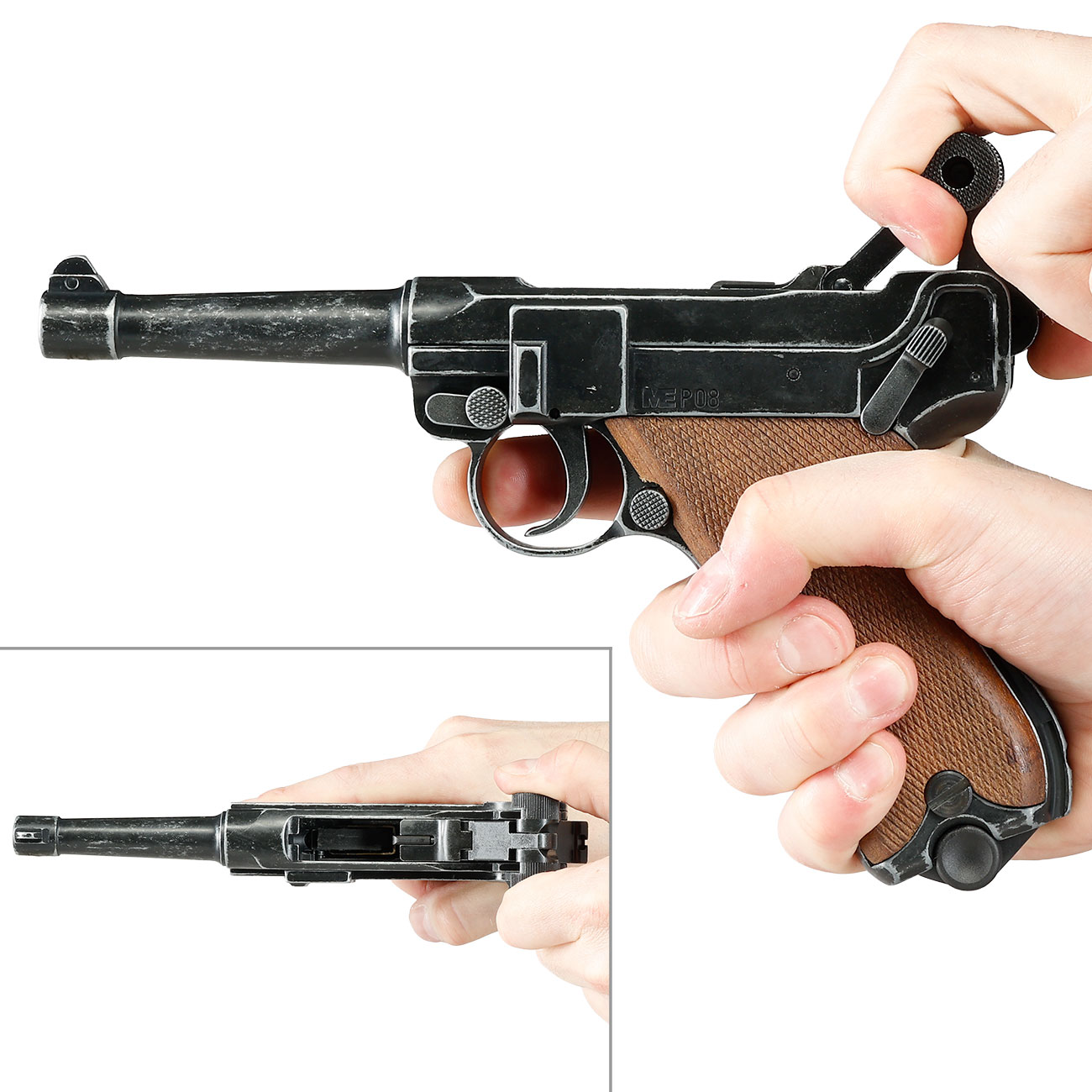 ME Modell P08 Parabellum Vollmetall Dekopistole WWII antik-look mit Holzgriffschalen Bild 8