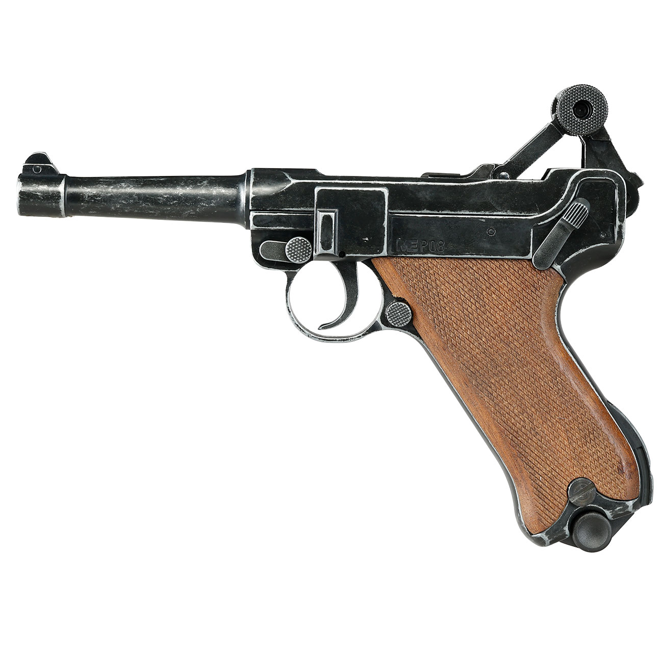 ME Modell P08 Parabellum Vollmetall Dekopistole WWII antik-look mit Holzgriffschalen Bild 9