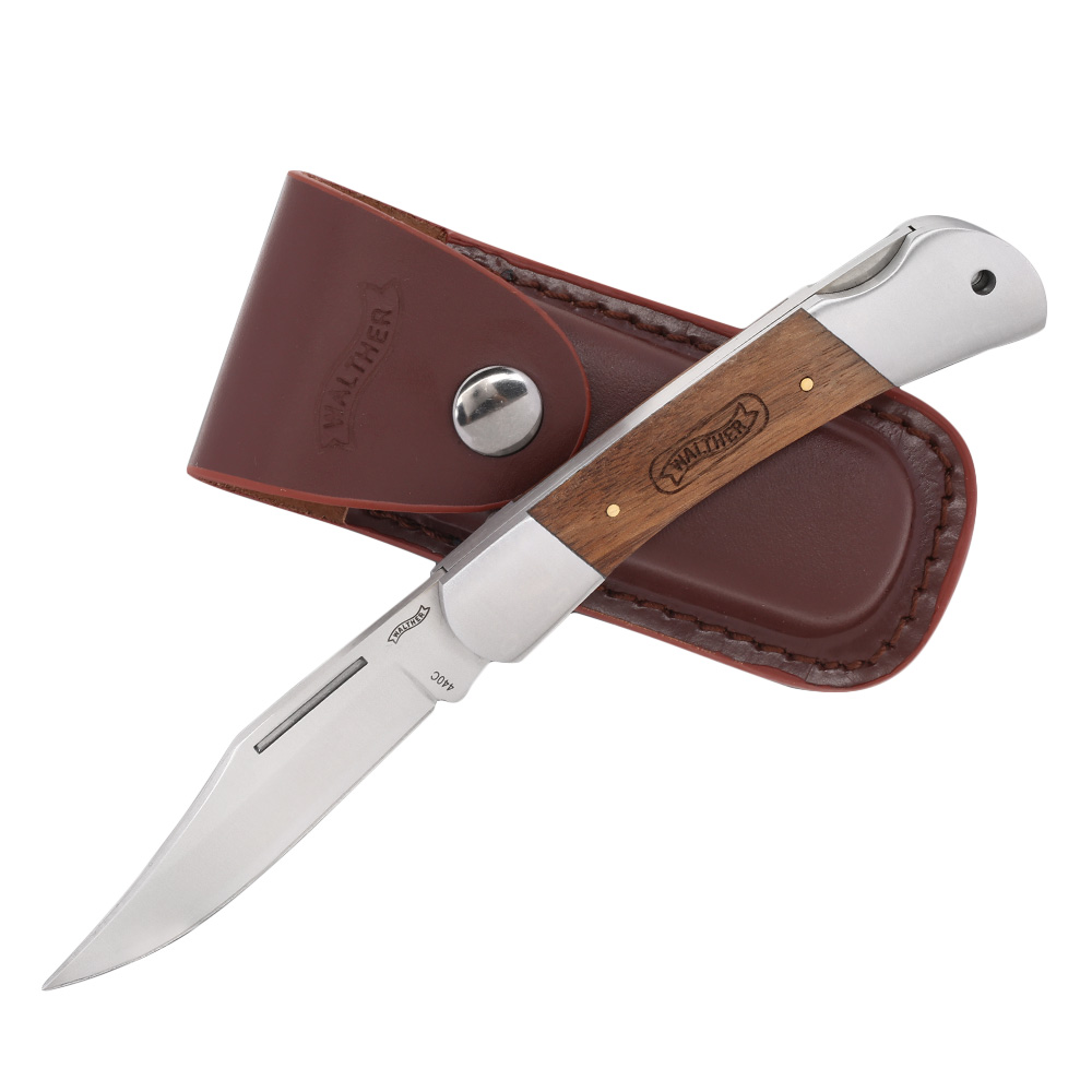 Walther Taschenmesser Classic Clip 2 Echtholzeinlagen inkl. Leder-Grteletui silber/braun Bild 1