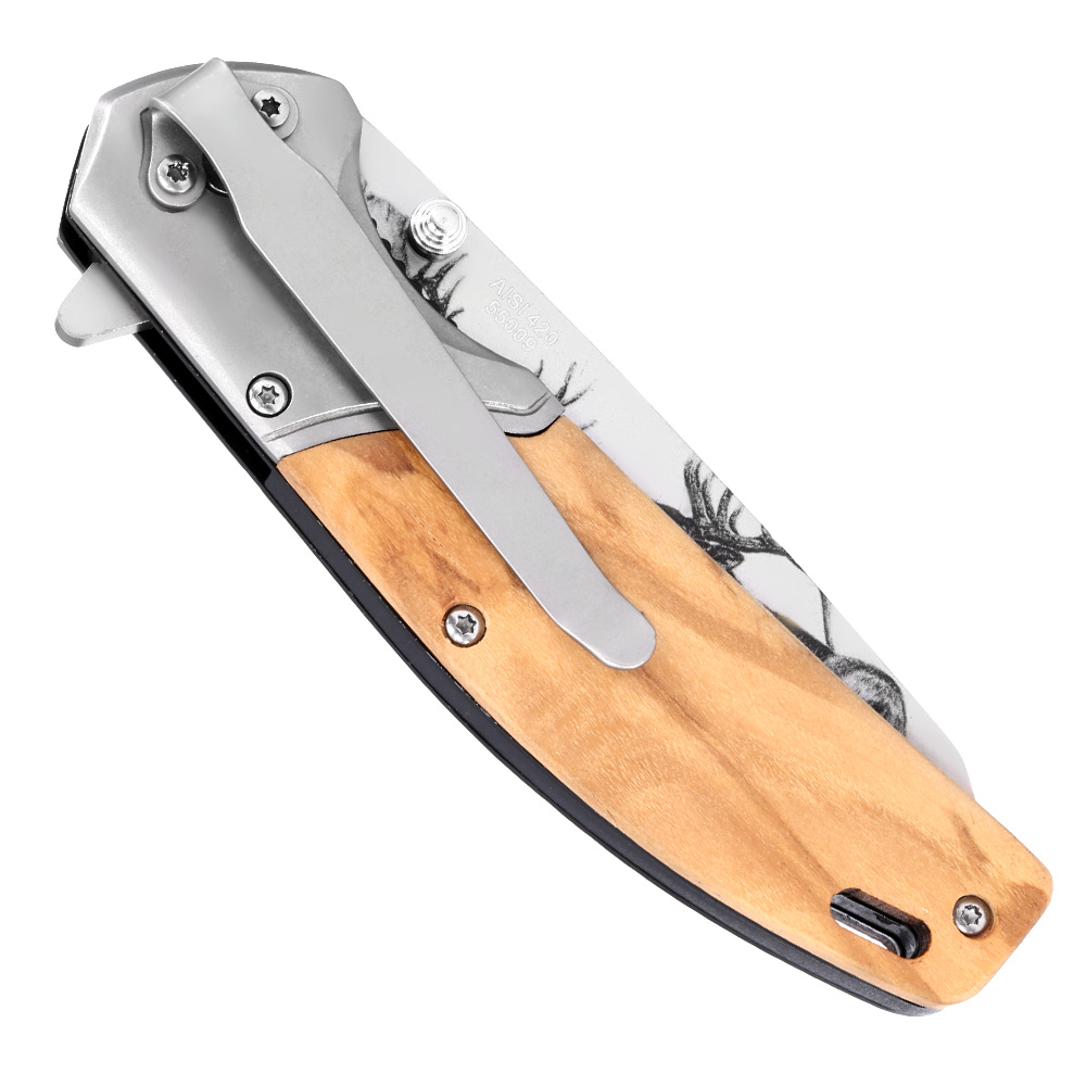 Herbertz Einhandmesser mit Hirschmotiv und Olivenholzgriffschalen inkl. Grtelclip Bild 5