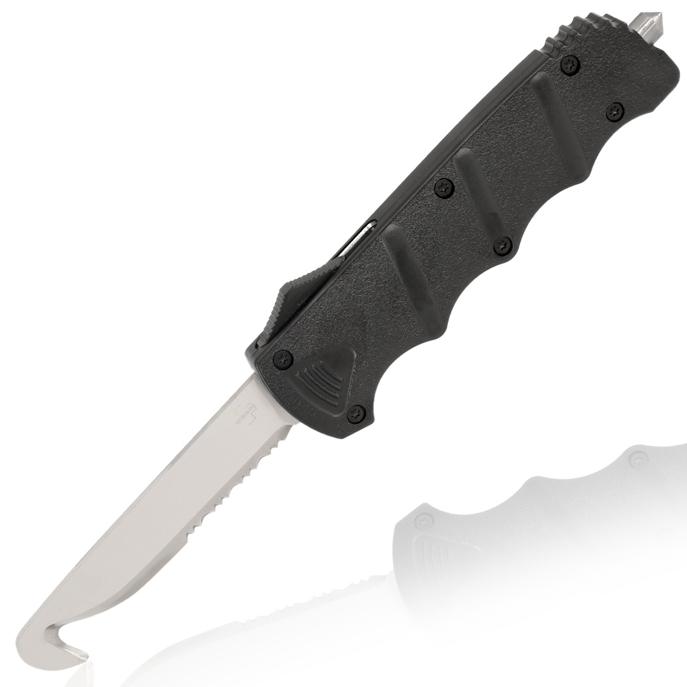 Böker Plus Rettungsmesser Rescue OTF 2.0 D2 Stahl schwarz inkl. Gürtelclip, Glasbrecher und Messertasche