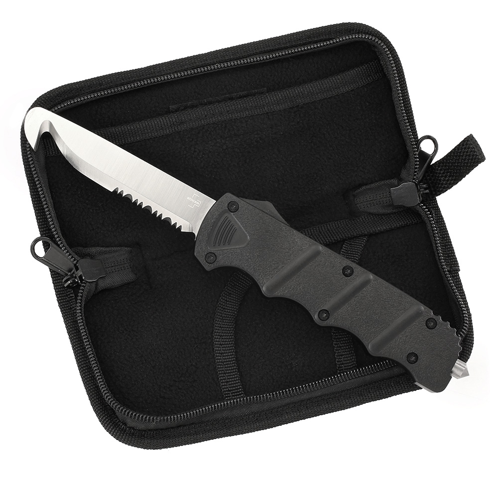 Bker Plus Rettungsmesser Rescue OTF 2.0 D2 Stahl schwarz inkl. Grtelclip, Glasbrecher und Messertasche Bild 1