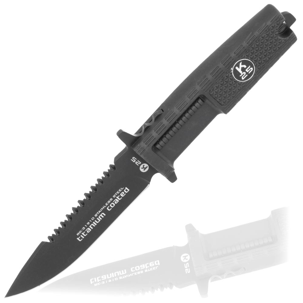 K25 Outdoormesser Tactical II titanbeschichtet schwarz mit Sgezahnung inkl. Nylon-Grtelscheide