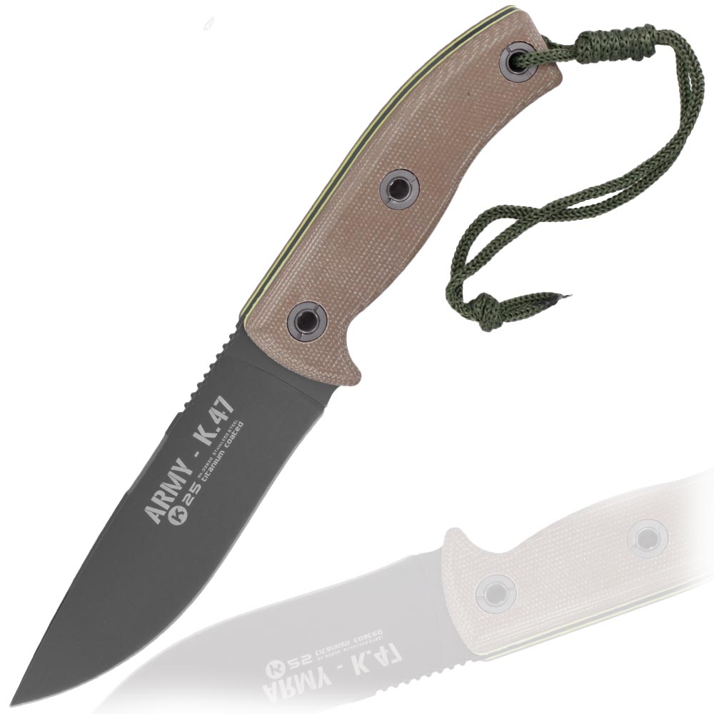 K25 Outdoormesser Army K47 titanbeschichtet grau/tan inkl. Leder-Grtelscheide und Feuerstarter