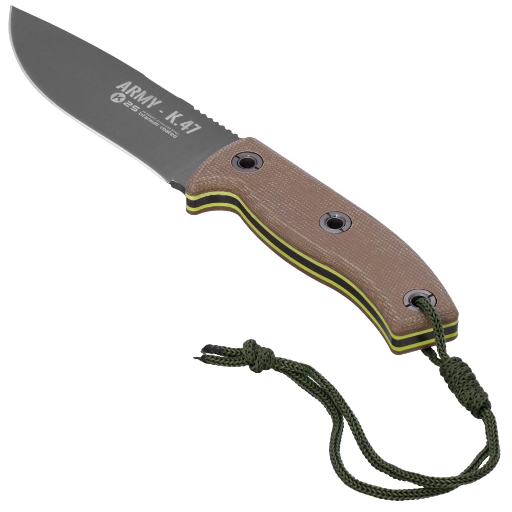 K25 Outdoormesser Army K47 titanbeschichtet grau/tan inkl. Leder-Grtelscheide und Feuerstarter Bild 2