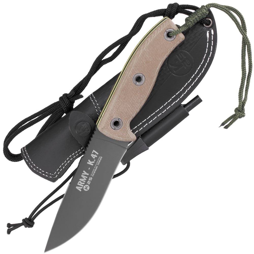 K25 Outdoormesser Army K47 titanbeschichtet grau/tan inkl. Leder-Grtelscheide und Feuerstarter Bild 3