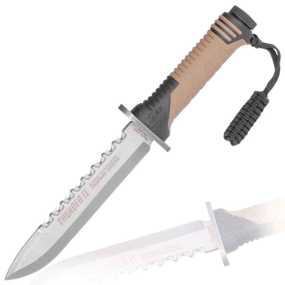 K25 Survivalmesser Thunder II titanbeschichtet Sgezahnung tan/schwarz inkl. Grtelscheide und Survivalset