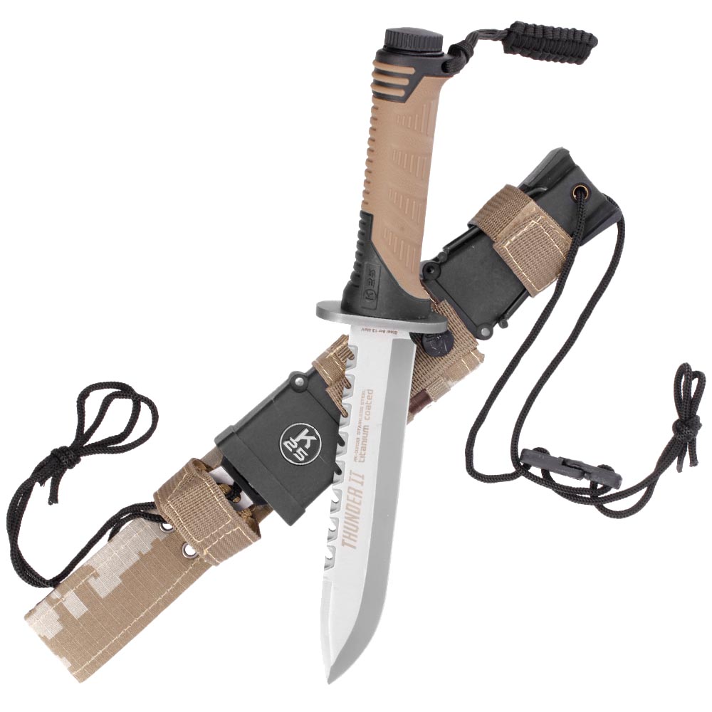 K25 Survivalmesser Thunder II titanbeschichtet Sgezahnung tan/schwarz inkl. Grtelscheide und Survivalset Bild 7