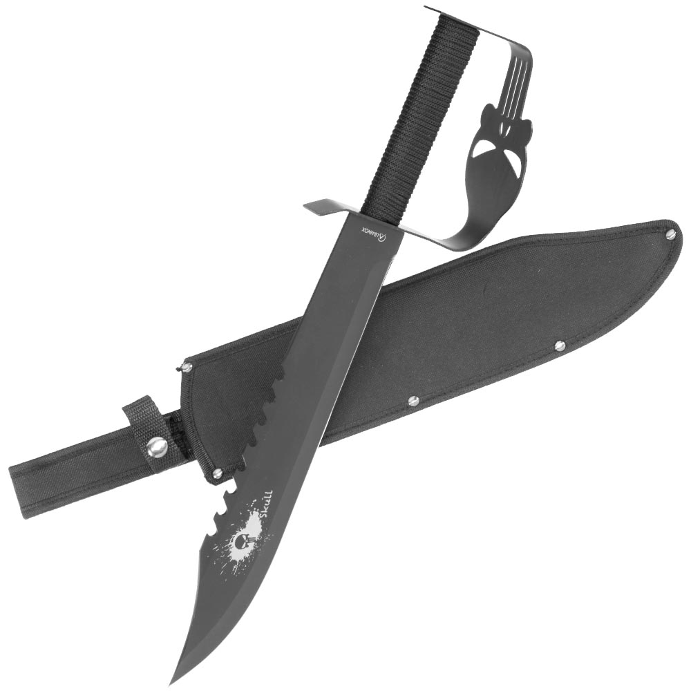 Outdoormesser Tactical Skull mit Sgezahnung und Handschutz schwarz inkl. Nylon-Grtelscheide Bild 3