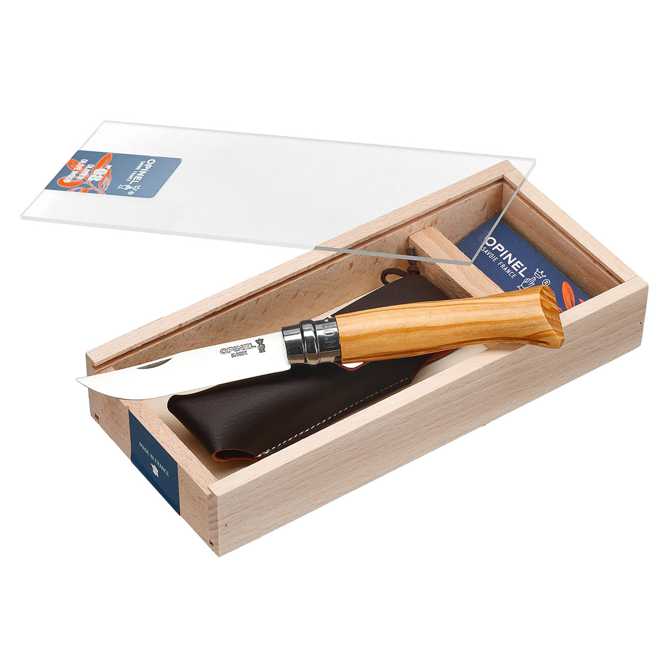 Opinel Taschenmesser Geschenkset No 08 Olivenholz inkl. Etui und Holzbox
