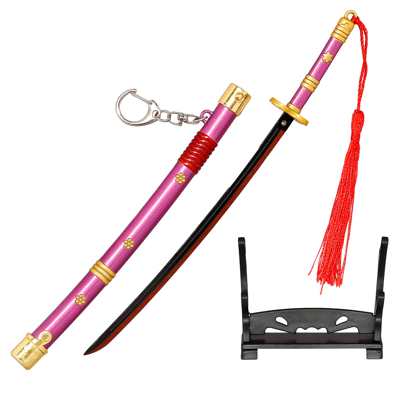 Schlsselanhnger Mini Katana One Piece Zorro Roronoa lila/gold inkl. Scheide und Schwertstnder