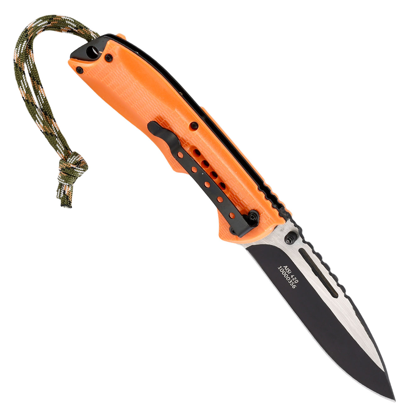 CJH Einhandmesser orangefarbene Kunststoffschalen mit Paracord und Clip Bild 1