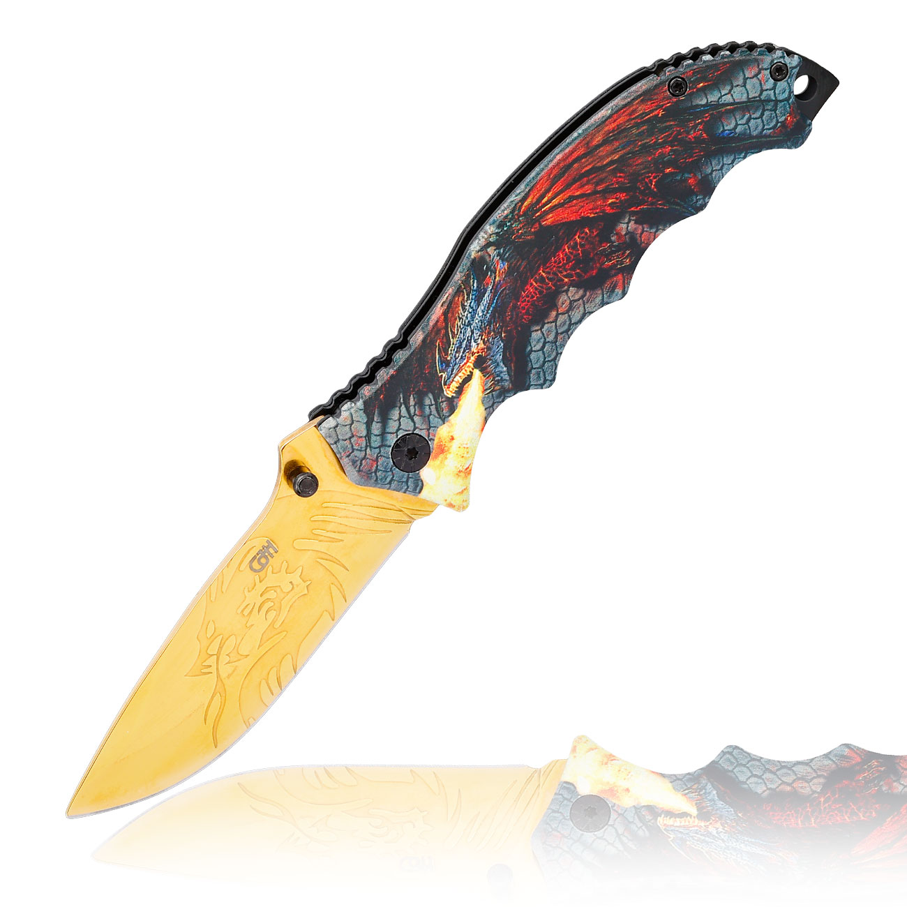 CJH Einhandmesser mit 3D-Optik Drachenmotiv Griffschalen und Grtelclip