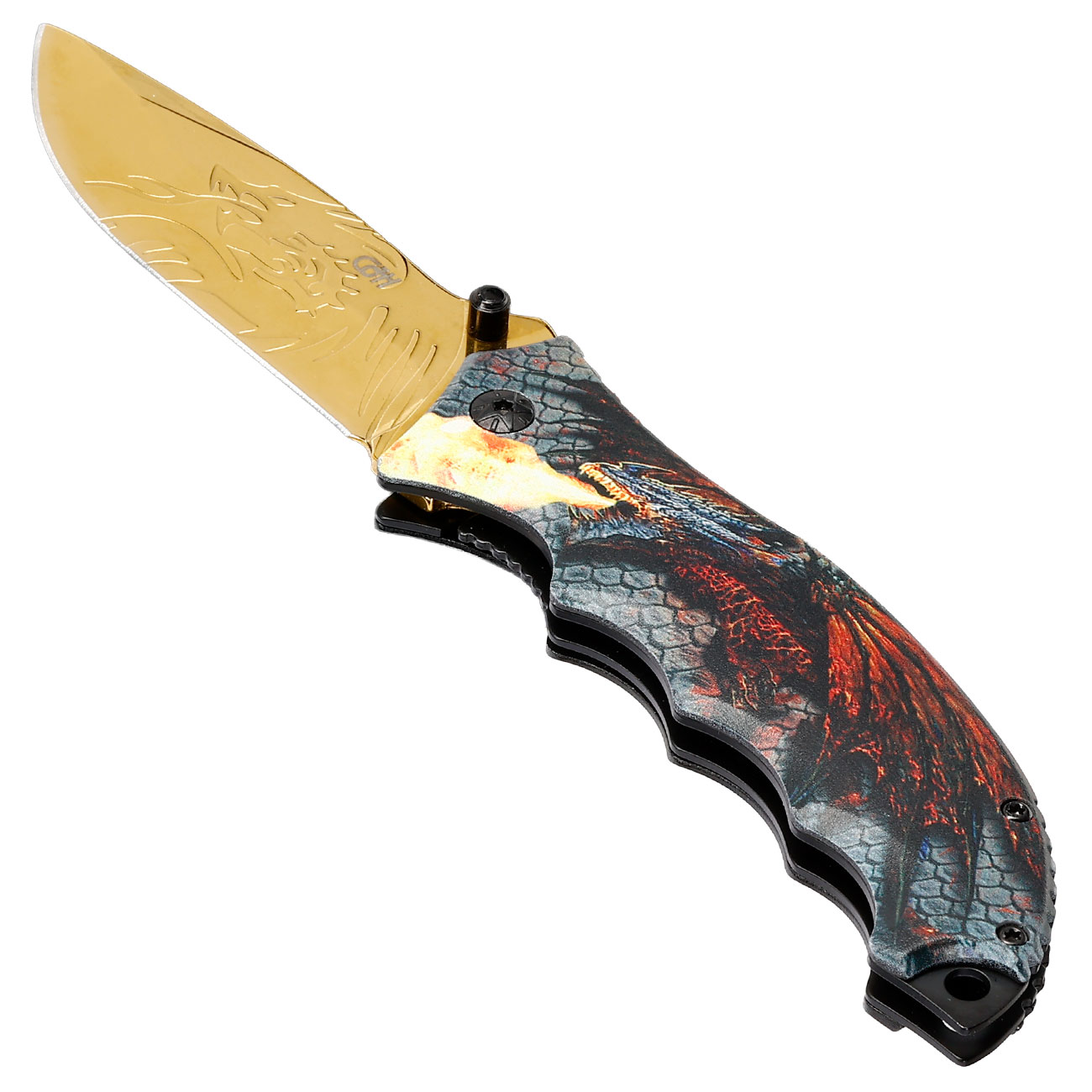 CJH Einhandmesser mit 3D-Optik Drachenmotiv Griffschalen und Grtelclip Bild 2