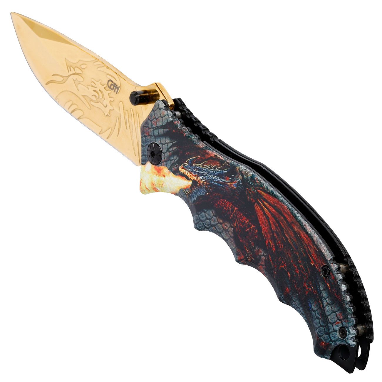 CJH Einhandmesser mit 3D-Optik Drachenmotiv Griffschalen und Grtelclip Bild 6
