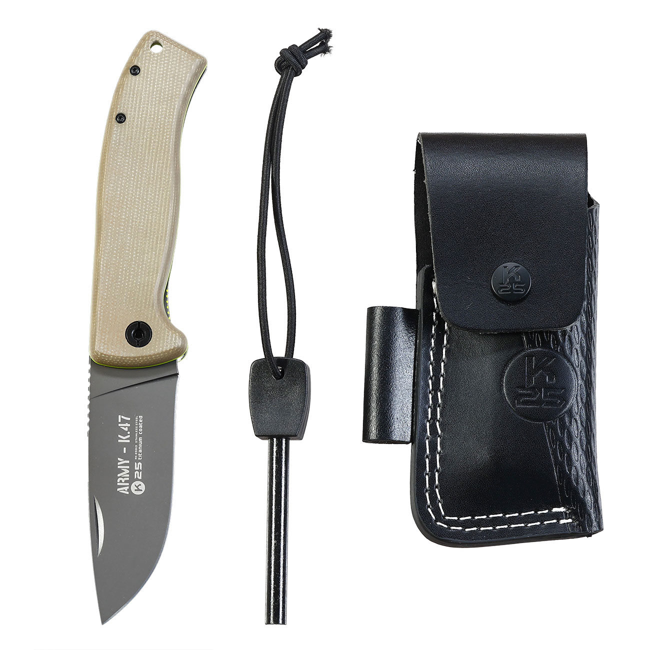 K25 Army K47 Klappmesser mit Feuerstarter und Lederscheide