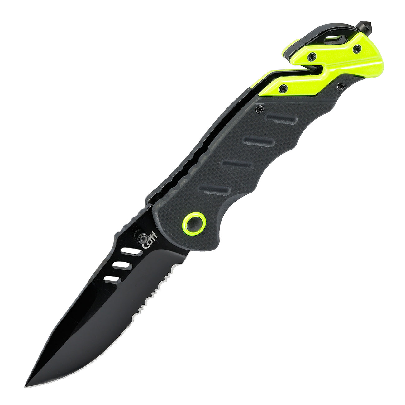 CJH Rettungsmesser schwarz Gurtschneider Glasbrecher Griff schwarz neonfarbig Bild 1