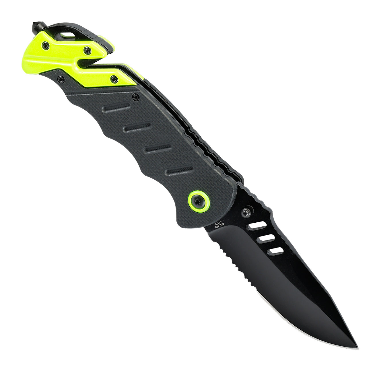 CJH Rettungsmesser schwarz Gurtschneider Glasbrecher Griff schwarz neonfarbig Bild 2