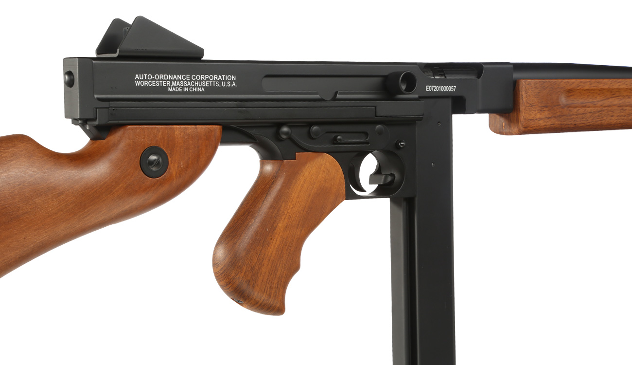 Cybergun Thompson M1A1 Military Metallgehäuse Komplettset S-AEG 6mm BB schwarz - Holzoptik Bild 1