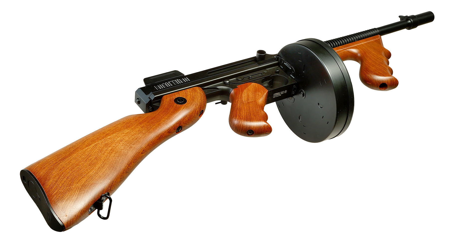 Cybergun Thompson Model 1928 Chicago Typewriter Vollmetall S-AEG 6mm BB schwarz - Holzoptik Bild 4