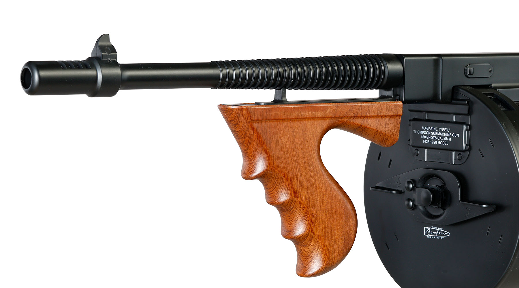 Cybergun Thompson Model 1928 Chicago Typewriter Vollmetall S-AEG 6mm BB schwarz - Holzoptik Bild 5