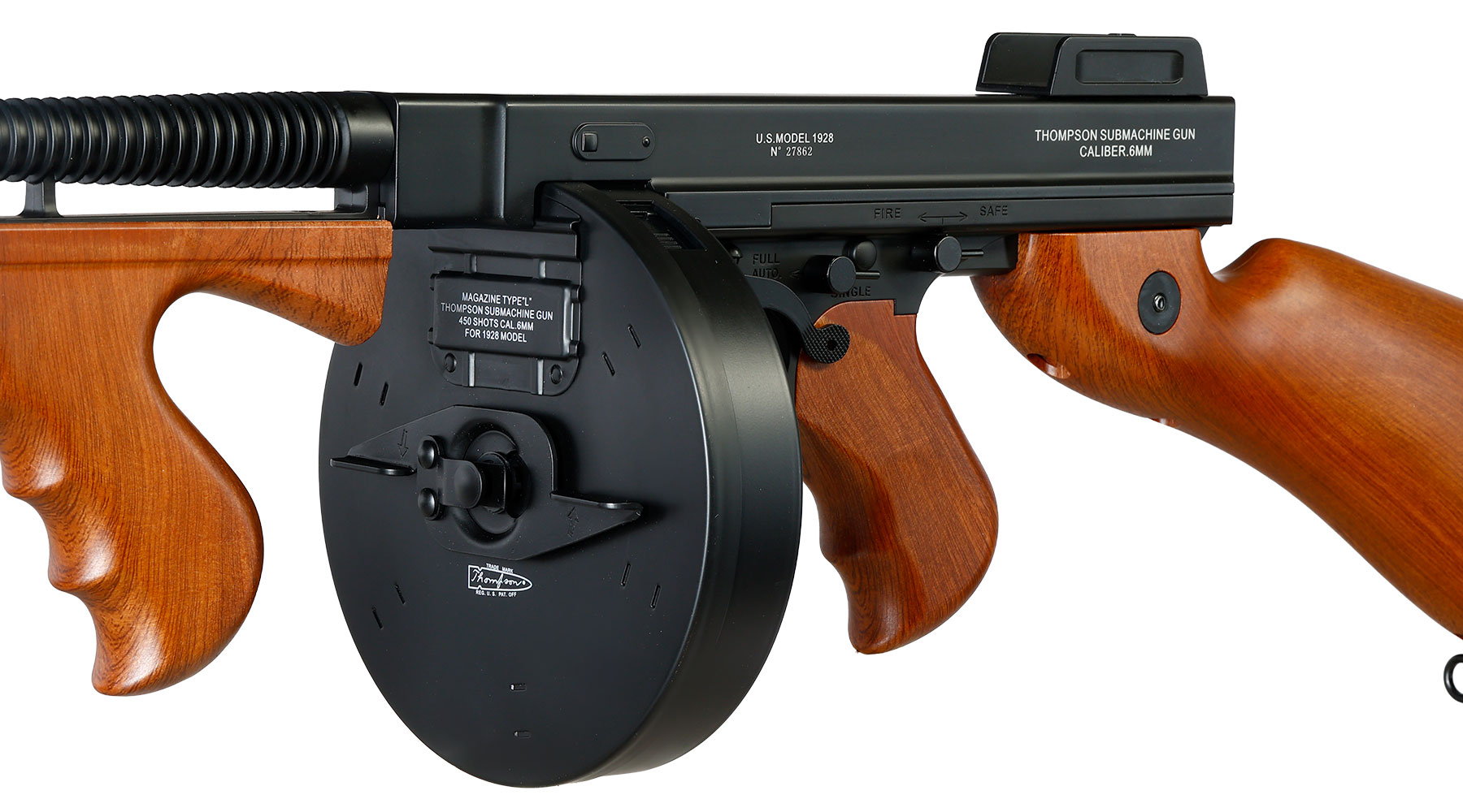 Cybergun Thompson Model 1928 Chicago Typewriter Vollmetall S-AEG 6mm BB schwarz - Holzoptik Bild 6