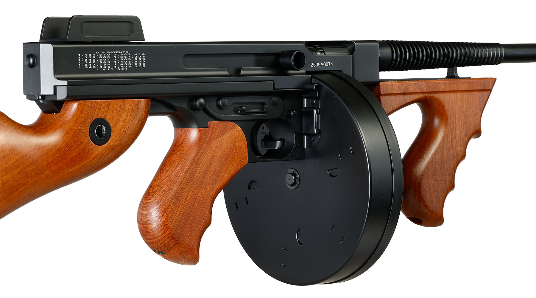 Cybergun Thompson Model 1928 Chicago Typewriter Vollmetall S-AEG 6mm BB schwarz - Holzoptik Bild 7