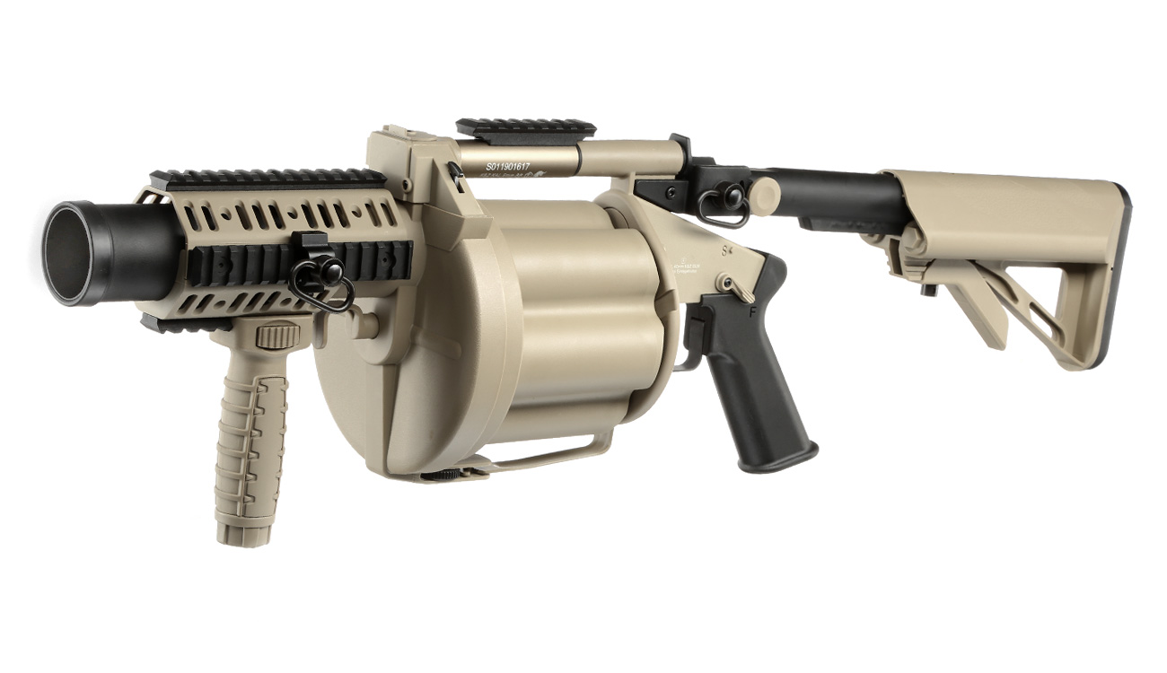 ICS GLM 40mm Airsoft Revolver-Granatwerfer mit Crane Stock Desert Tan