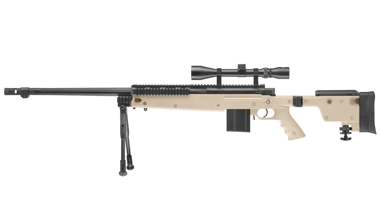 Well MB4407D Mini-HE Snipergewehr inkl. Zweibein / Zielfernrohr Springer 6mm BB tan Bild 1