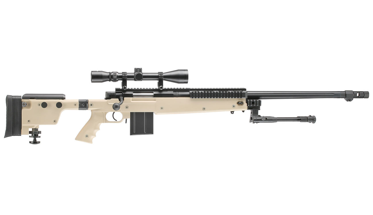 Well MB4407D Mini-HE Snipergewehr inkl. Zweibein / Zielfernrohr Springer 6mm BB tan Bild 2
