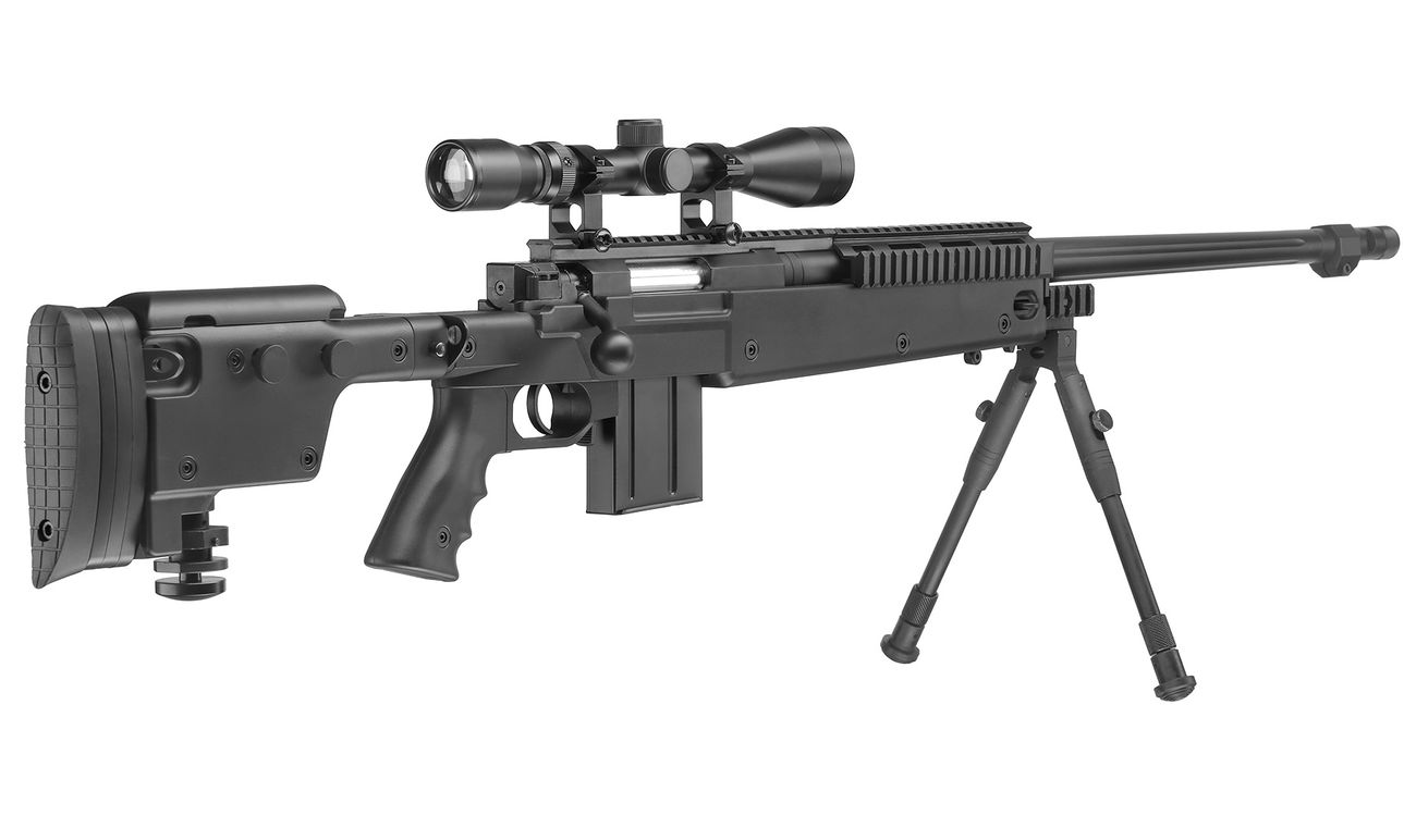 Well MB4407D Mini-HE Snipergewehr inkl. Zweibein / Zielfernrohr Springer 6mm BB schwarz Bild 3
