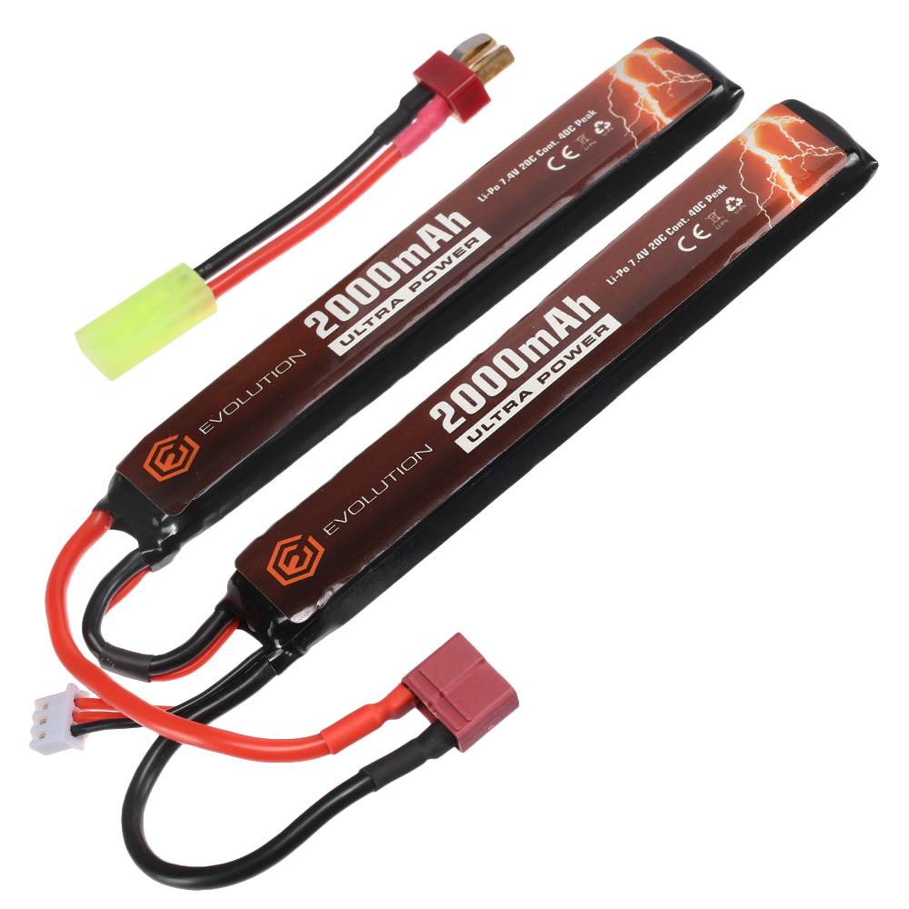 Evolution Ultra-Power LiPo Akku 7,4V 2000mAh 20C / 40C Small-Long Two-Panel Type m. T-Stecker + Mini-Tam Adapter