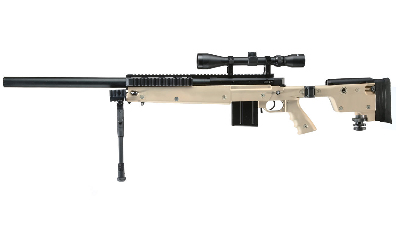 Well MB4406D Mini-HE Snipergewehr inkl. Zweibein / Zielfernrohr Springer 6mm BB tan Bild 1