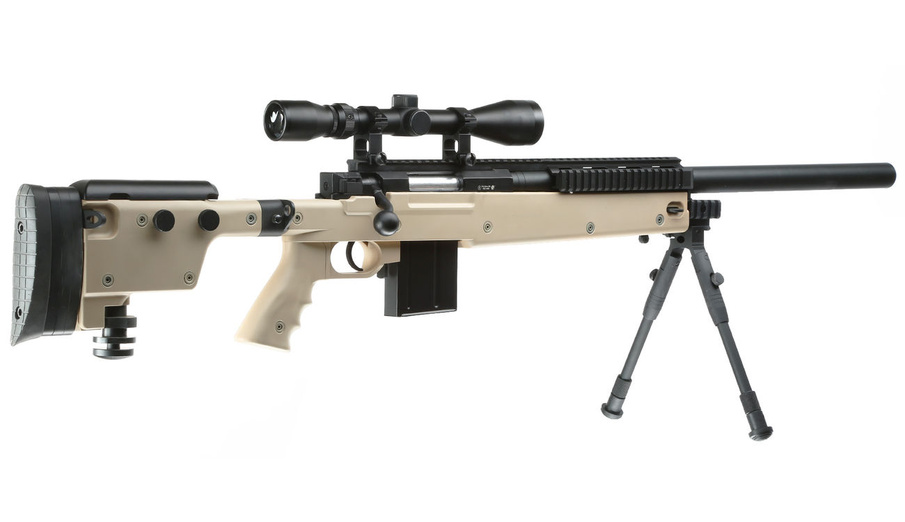 Well MB4406D Mini-HE Snipergewehr inkl. Zweibein / Zielfernrohr Springer 6mm BB tan Bild 3