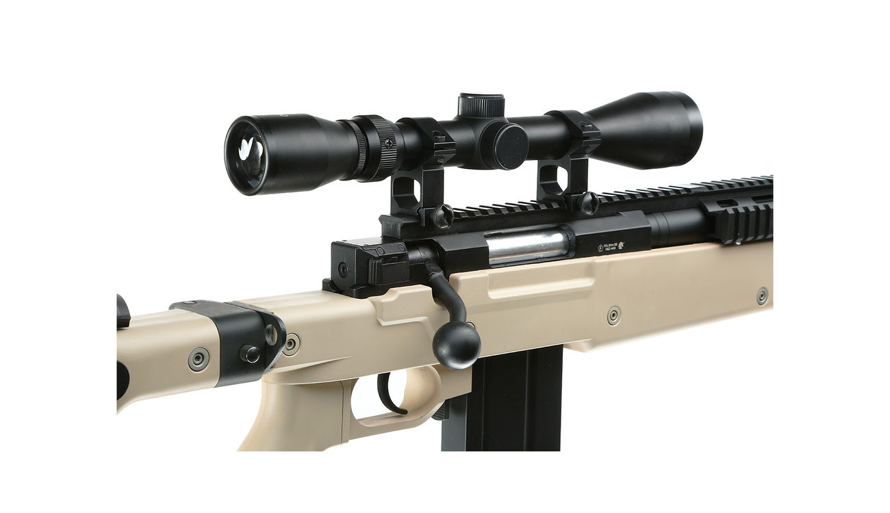 Well MB4406D Mini-HE Snipergewehr inkl. Zweibein / Zielfernrohr Springer 6mm BB tan Bild 4