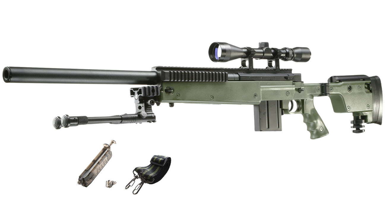 Well MB4406D Mini-HE Snipergewehr inkl. Zweibein / Zielfernrohr Springer 6mm BB oliv