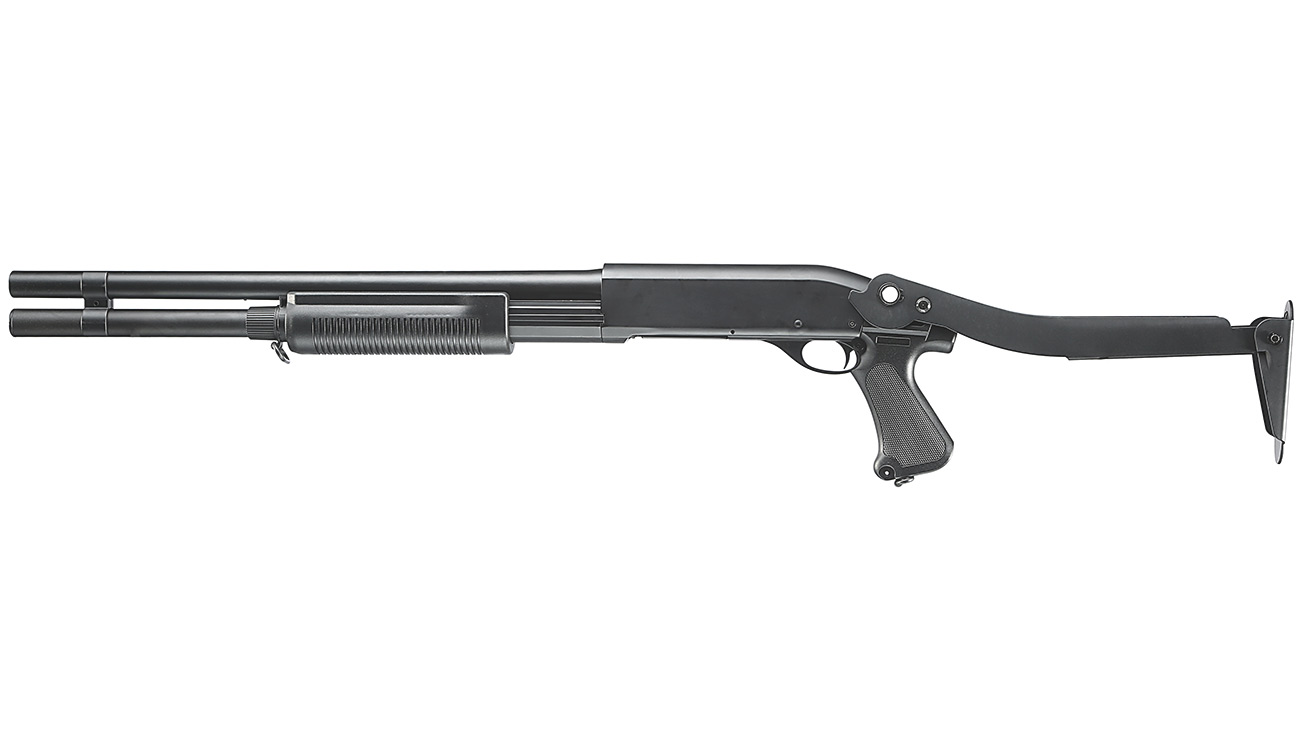 Cyma M870 Shotgun mit Stahl-Klappschaft Long-Type Tri-Barrel Vollmetall Springer 6mm BB schwarz Bild 1