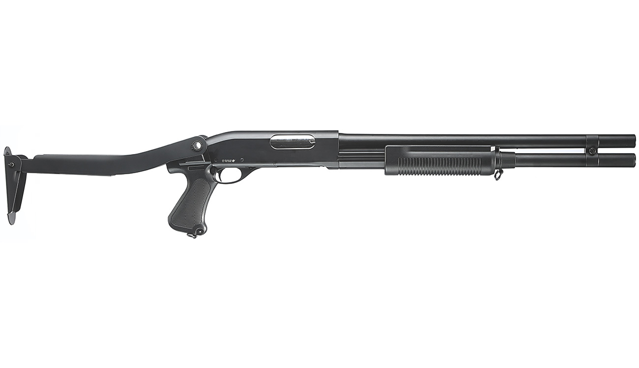 Cyma M870 Shotgun mit Stahl-Klappschaft Long-Type Tri-Barrel Vollmetall Springer 6mm BB schwarz Bild 2
