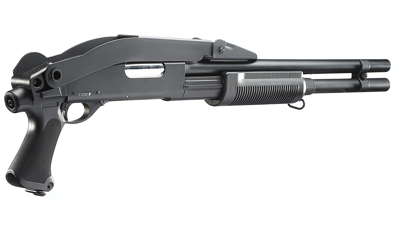 Cyma M870 Shotgun mit Stahl-Klappschaft Long-Type Tri-Barrel Vollmetall Springer 6mm BB schwarz Bild 3