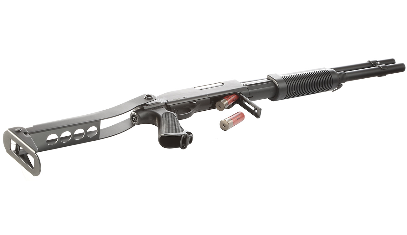 Cyma M870 Shotgun mit Stahl-Klappschaft Long-Type Tri-Barrel Vollmetall Springer 6mm BB schwarz Bild 4