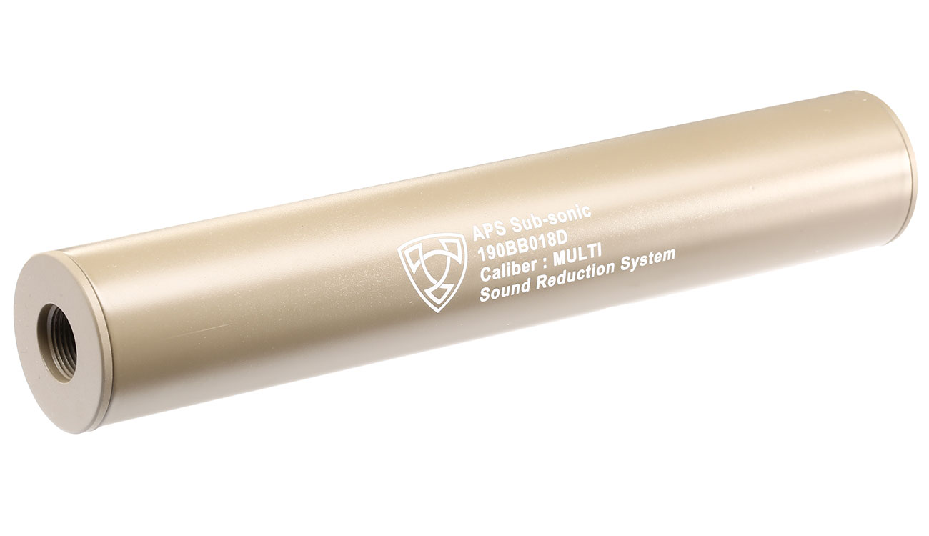 APS Sub-Sonic Aluminium Suppressor 190 x 33mm 14mm+ / 14mm- Desert Tan