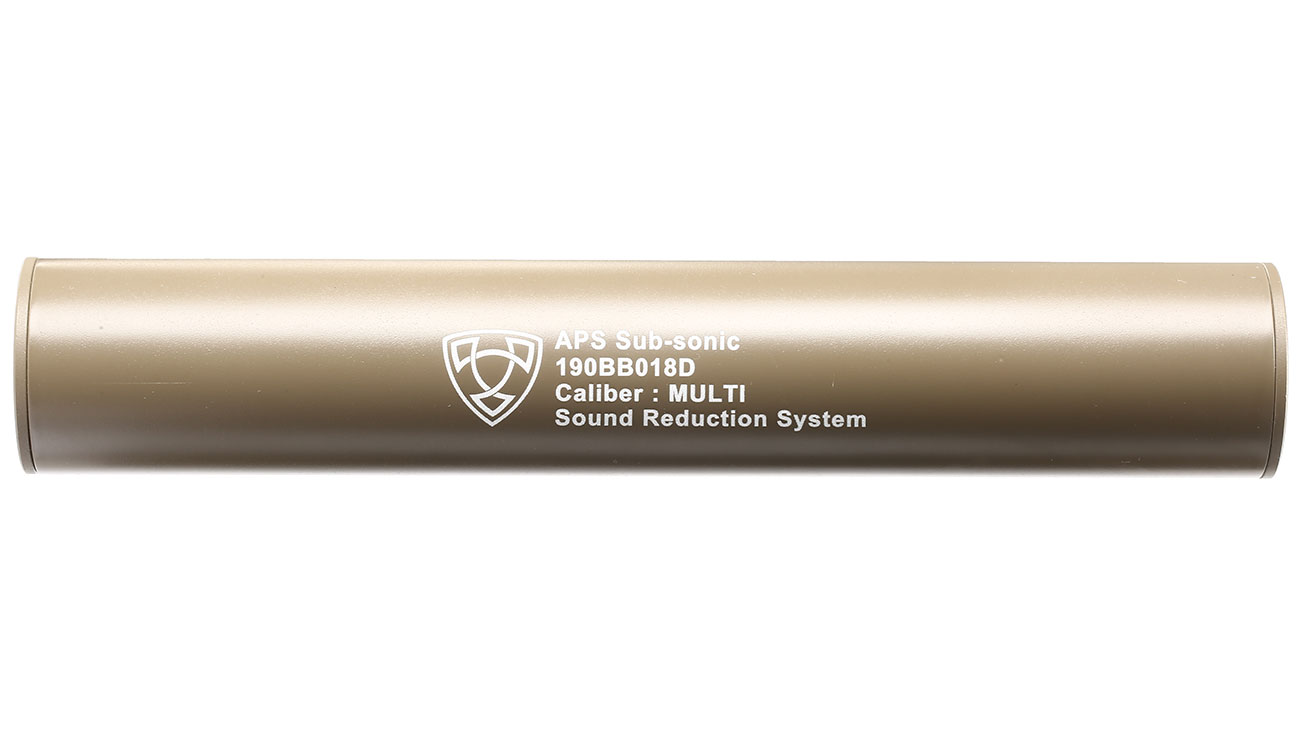 APS Sub-Sonic Aluminium Suppressor 190 x 33mm 14mm+ / 14mm- Desert Tan Bild 2