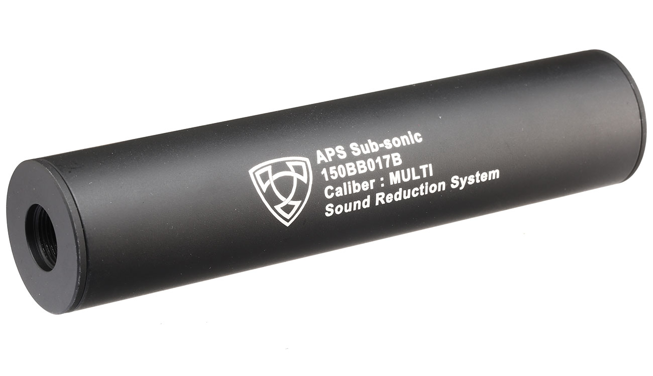 APS Sub-Sonic Aluminium Suppressor 150 x 33mm 14mm+ / 14mm- schwarz