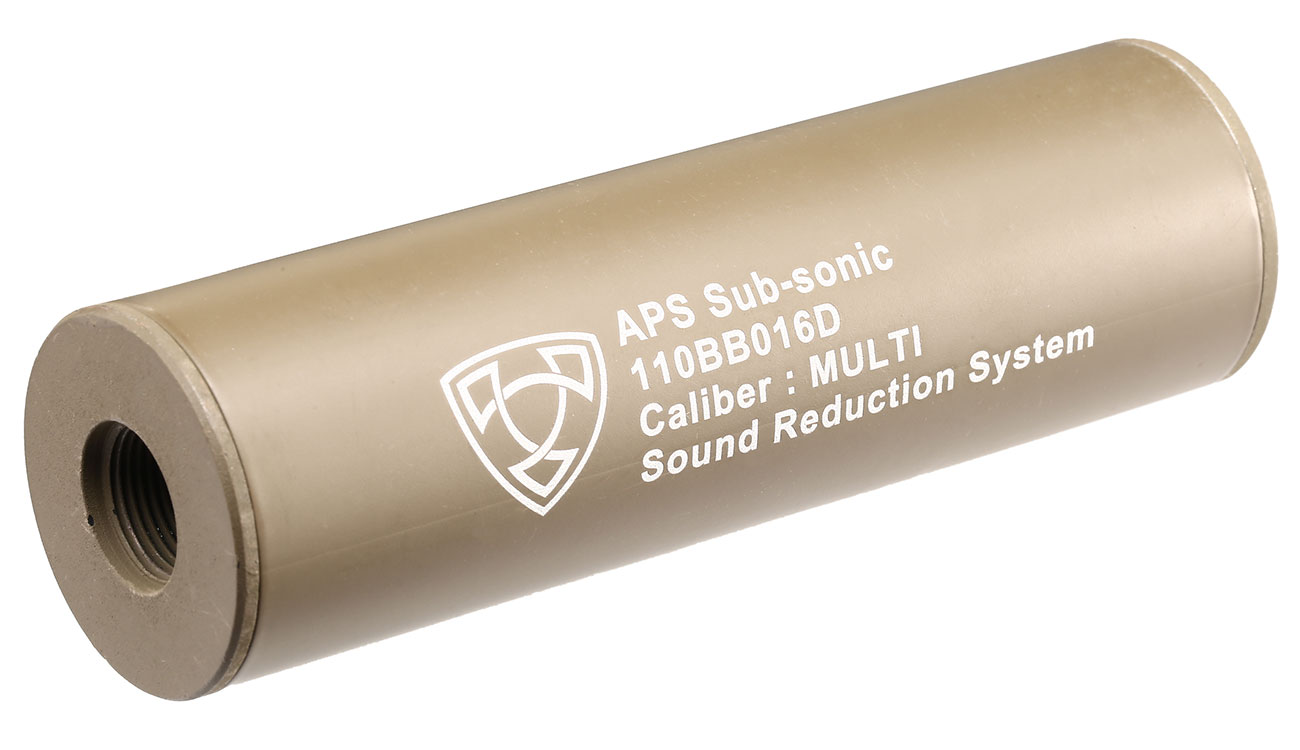 APS Sub-Sonic Aluminium Suppressor 110 x 33mm 14mm+ / 14mm- Desert Tan