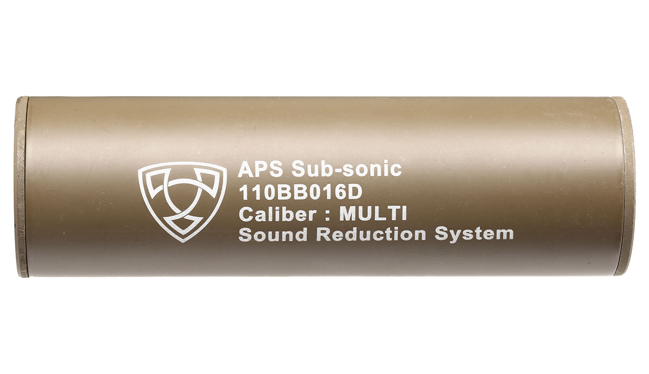 APS Sub-Sonic Aluminium Suppressor 110 x 33mm 14mm+ / 14mm- Desert Tan Bild 2