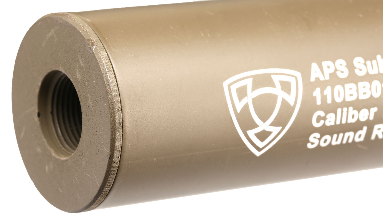 APS Sub-Sonic Aluminium Suppressor 110 x 33mm 14mm+ / 14mm- Desert Tan Bild 4