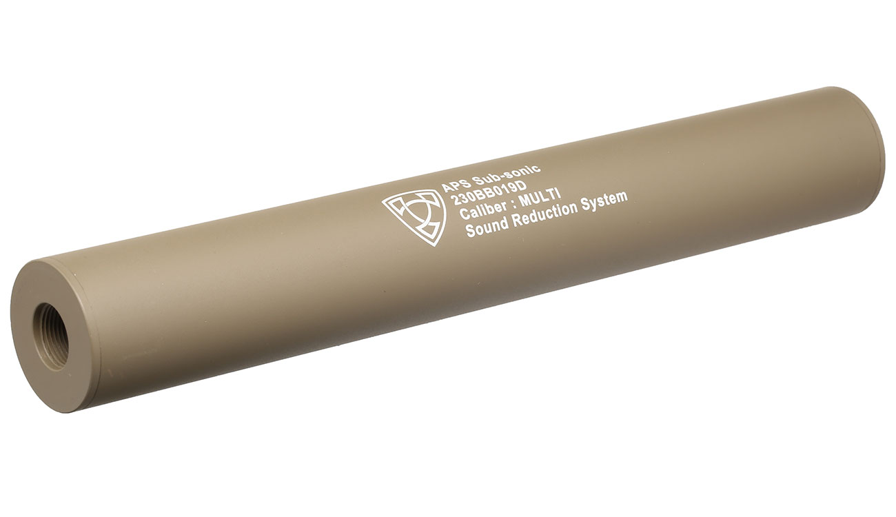 APS Sub-Sonic Aluminium Suppressor 230 x 33mm 14mm+ / 14mm- Desert Tan