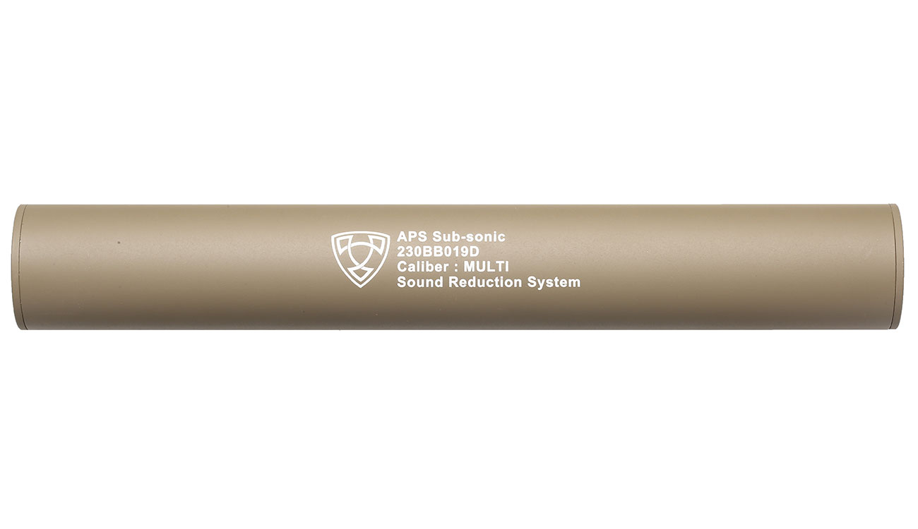 APS Sub-Sonic Aluminium Suppressor 230 x 33mm 14mm+ / 14mm- Desert Tan Bild 1