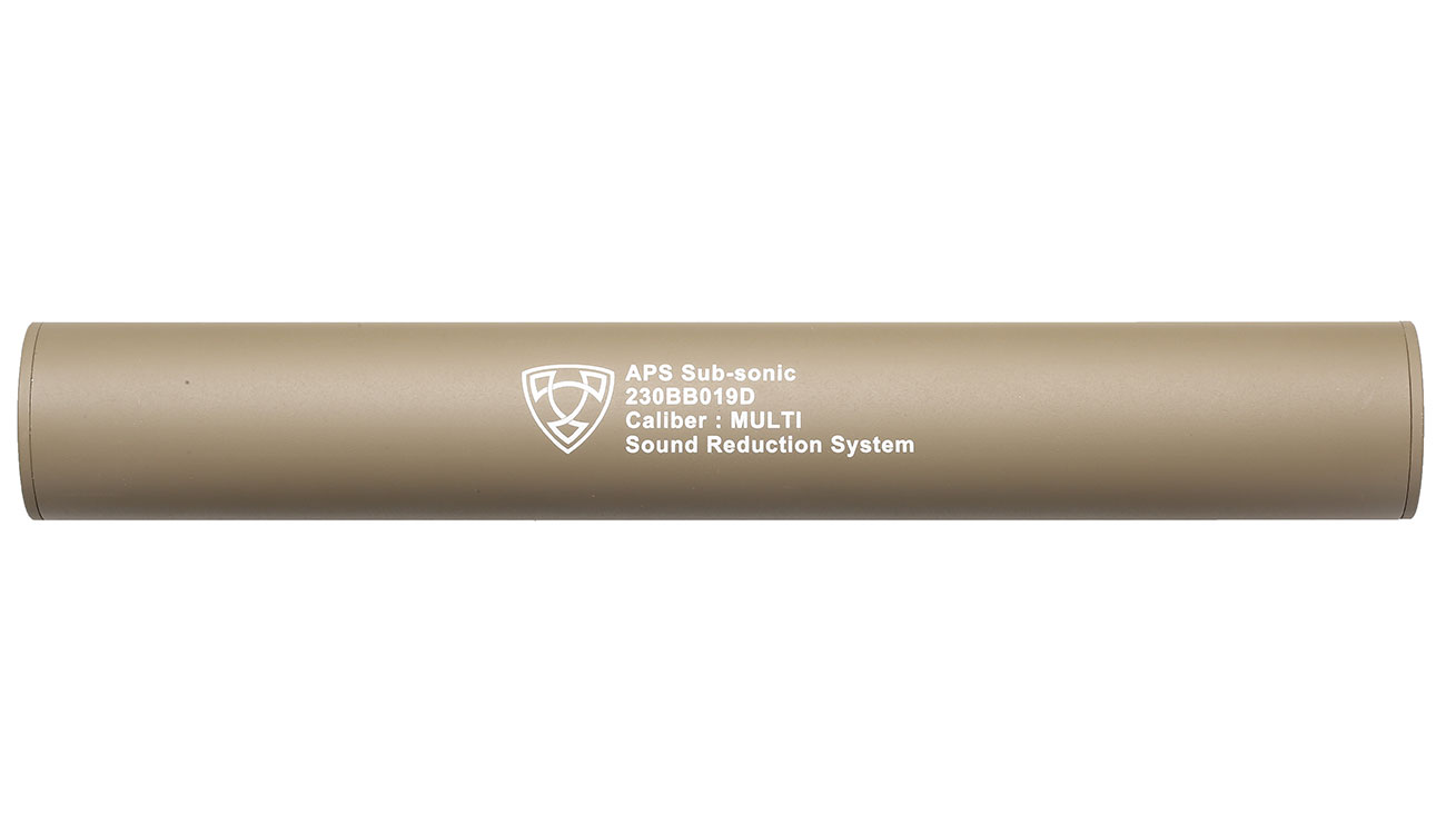 APS Sub-Sonic Aluminium Suppressor 230 x 33mm 14mm+ / 14mm- Desert Tan Bild 2